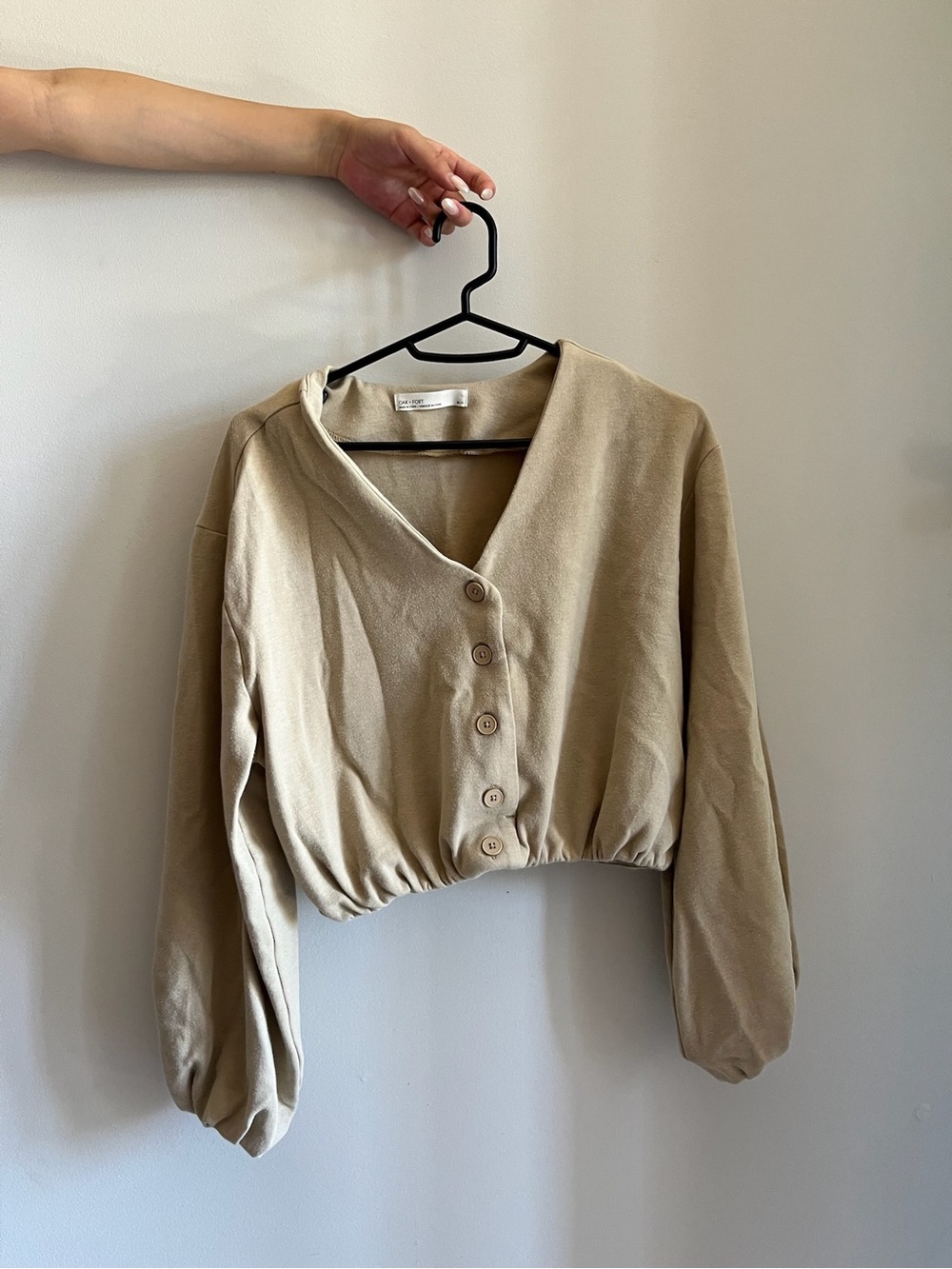 Oak & Fort V-Neck Button Front Cropped sweater - tan